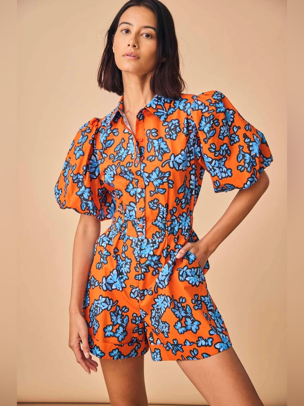 Hunter Bell Pia Jumpsuit Floral Puff-Sleeve Romper in Orange & Blue